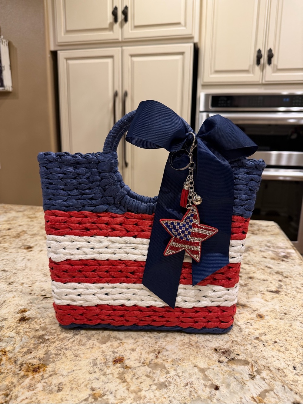 Alessia Red, White & Blue Woven Tote Bag w/Navy Bow & Rhinestone star bag charm - Picture 3 of 6